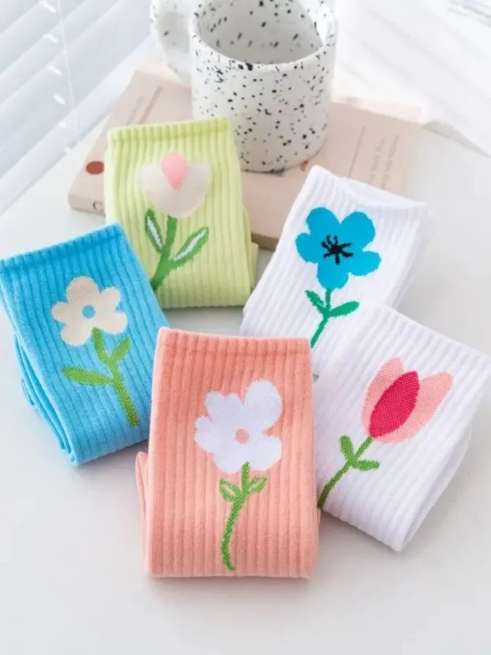 Minimal Garden Womens Flower Socks Pink on Green Gift Packaged